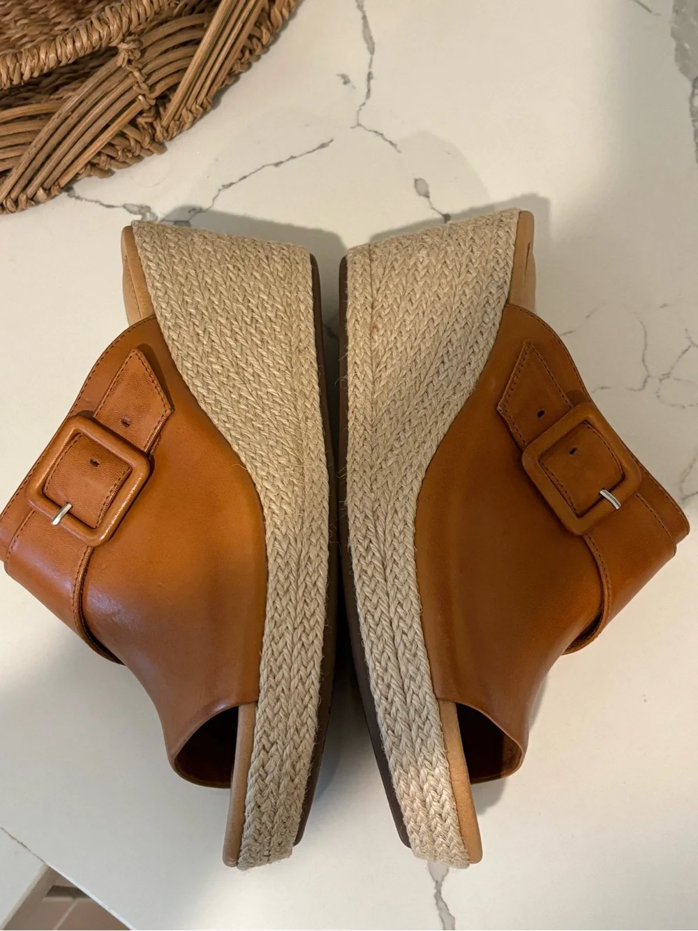 Rockport Lyla Buckle Slide Leather Wedge Sandal Woven Heel Cognac Women Size 9